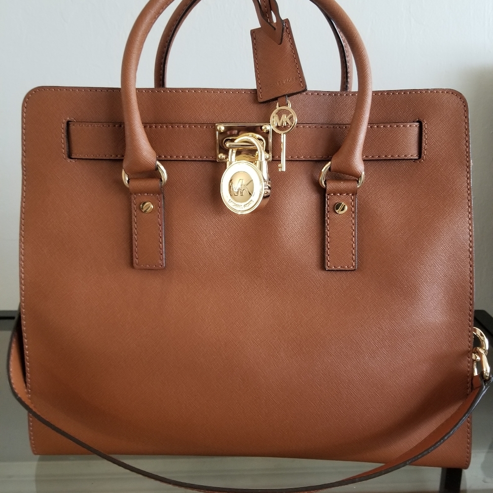 Michael Kors Large Luggage Brown and Gold Hamilton Saffiano Leather Tote Bag